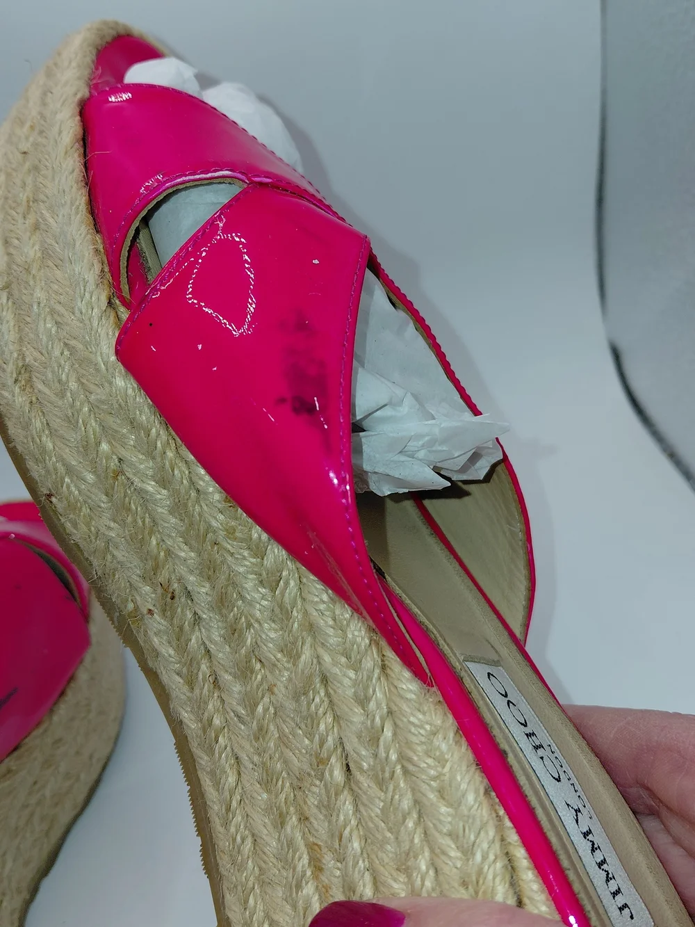 Jimmy Choo Pink Paisley/ Prima Patent Leather Espadrille Wedge Slide Sandals 41